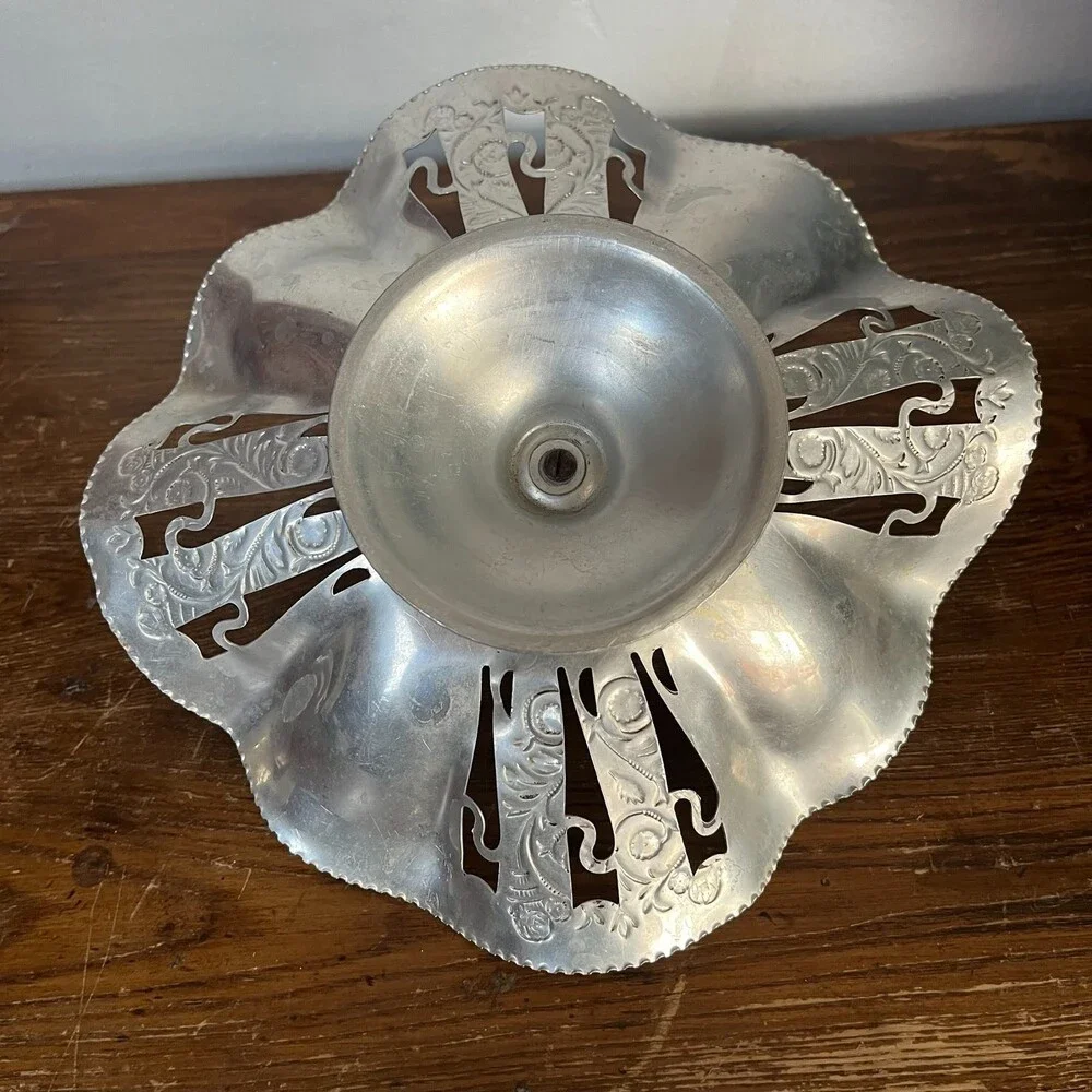 VTG Pierced Aluminum Pedestal Tidbit Serving Tray Candy Dish Bowl Center Handle